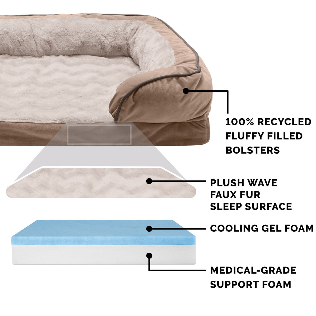 FurHaven Pet Products Velvet Waves Perfect Comfort Cooling Gel Top Sofa-Style Pet Bed for Dogs & Cats - Brownstone, Medium