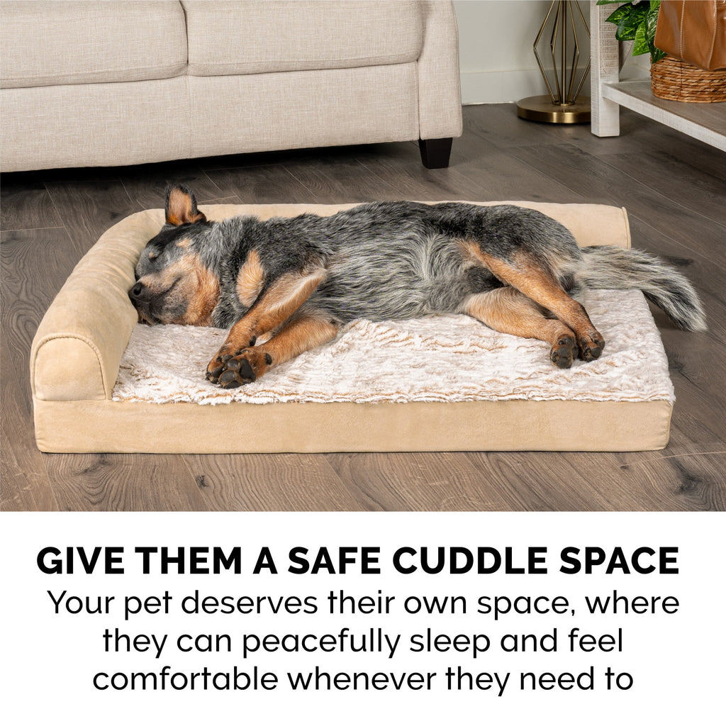 FurHaven Embossed Faux Fur & Suede Orthopedic Deluxe L-Chaise Pet Bed for Dogs & Cats - Gray, Jumbo Plus