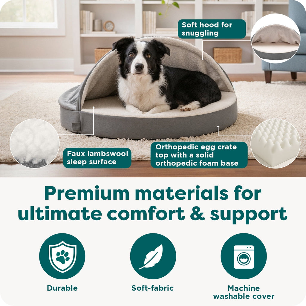 Furhaven 26" Round Orthopedic Dog Bed Sherpa & Suede Snuggery w/ Removable Washable Cover - Gray, 26-inch Faux Lambswool & Suede Gray 26 inch Snuggery (Orthopedic Foam)