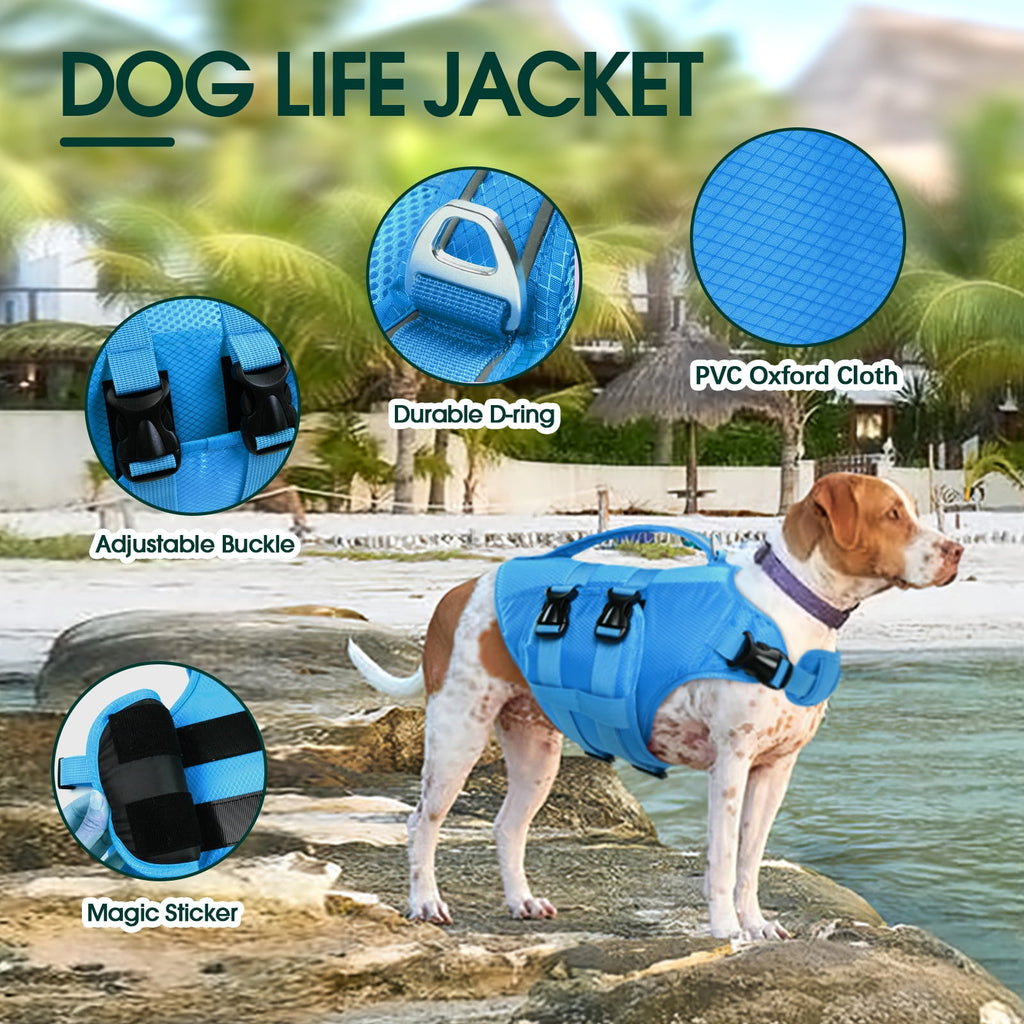 Kuoser Dog Life Jacket, Reflective Life Vest with Rescue Handle for Small Medium Large Dogs, Rosered, L