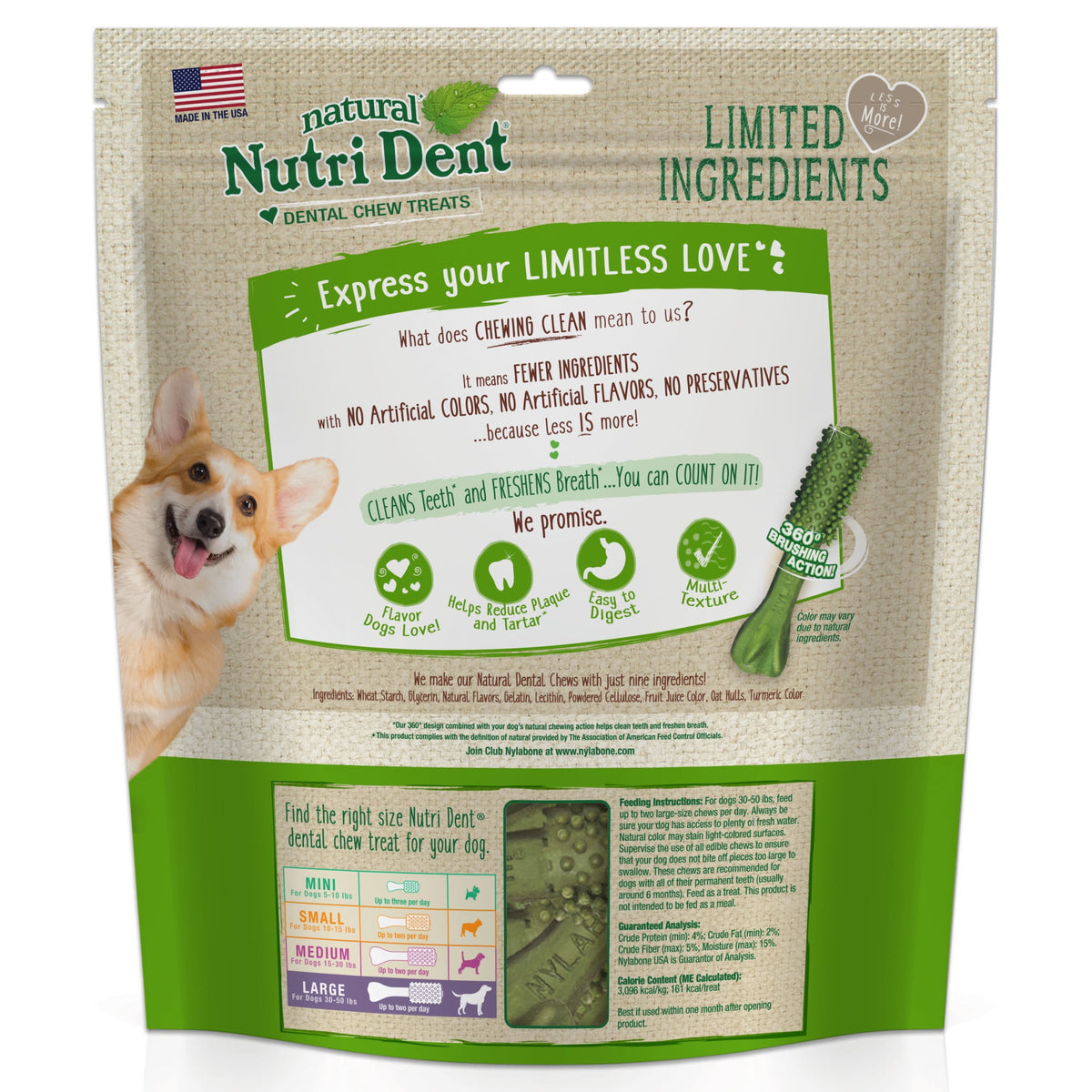 Nylabone Nutri Dent Natural Dental Chews for Dogs, Limited Ingredient Dog Treats, Teeth Cleaning Dental Sticks for Dogs, Fresh Breath Flavor, For Large Dogs (20 Count)