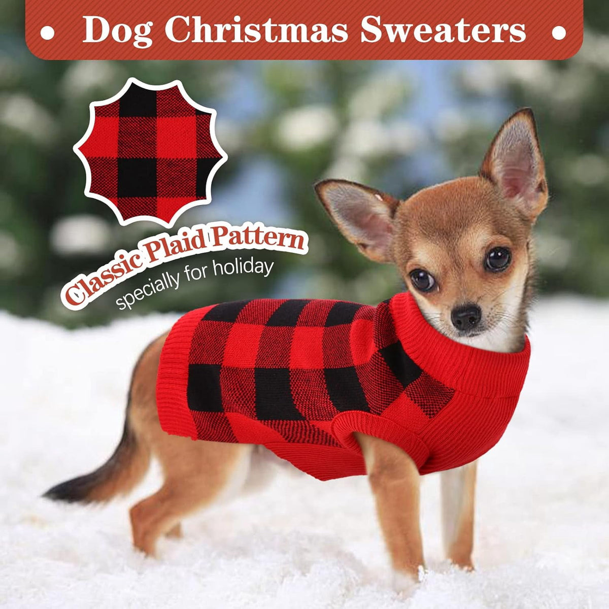 Kuoser Classic Plaid Dog Sweater Warm Pullover Knitwear for Small Medium Dogs, Red, S