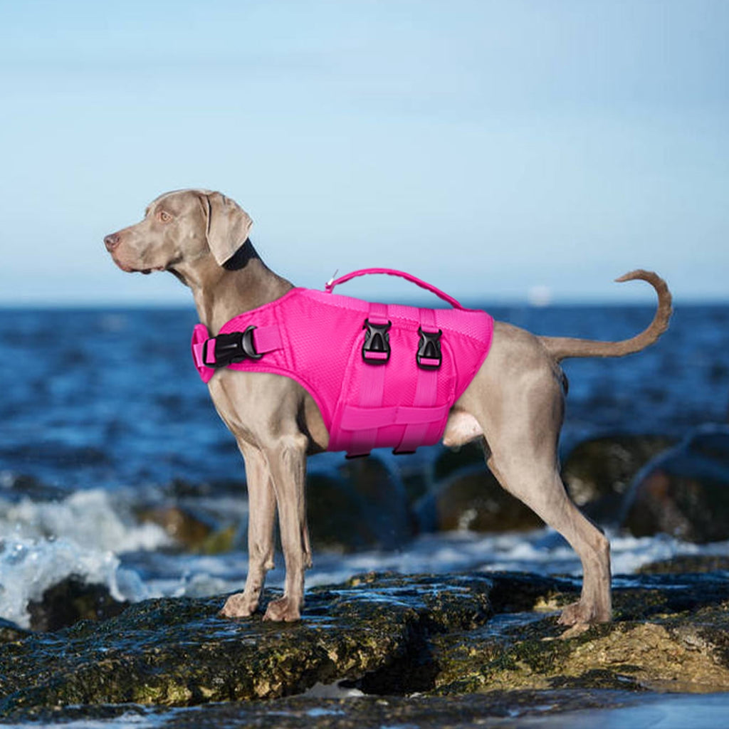 Kuoser Dog Life Jacket, Reflective Life Vest with Rescue Handle for Small Medium Large Dogs, Rosered, L
