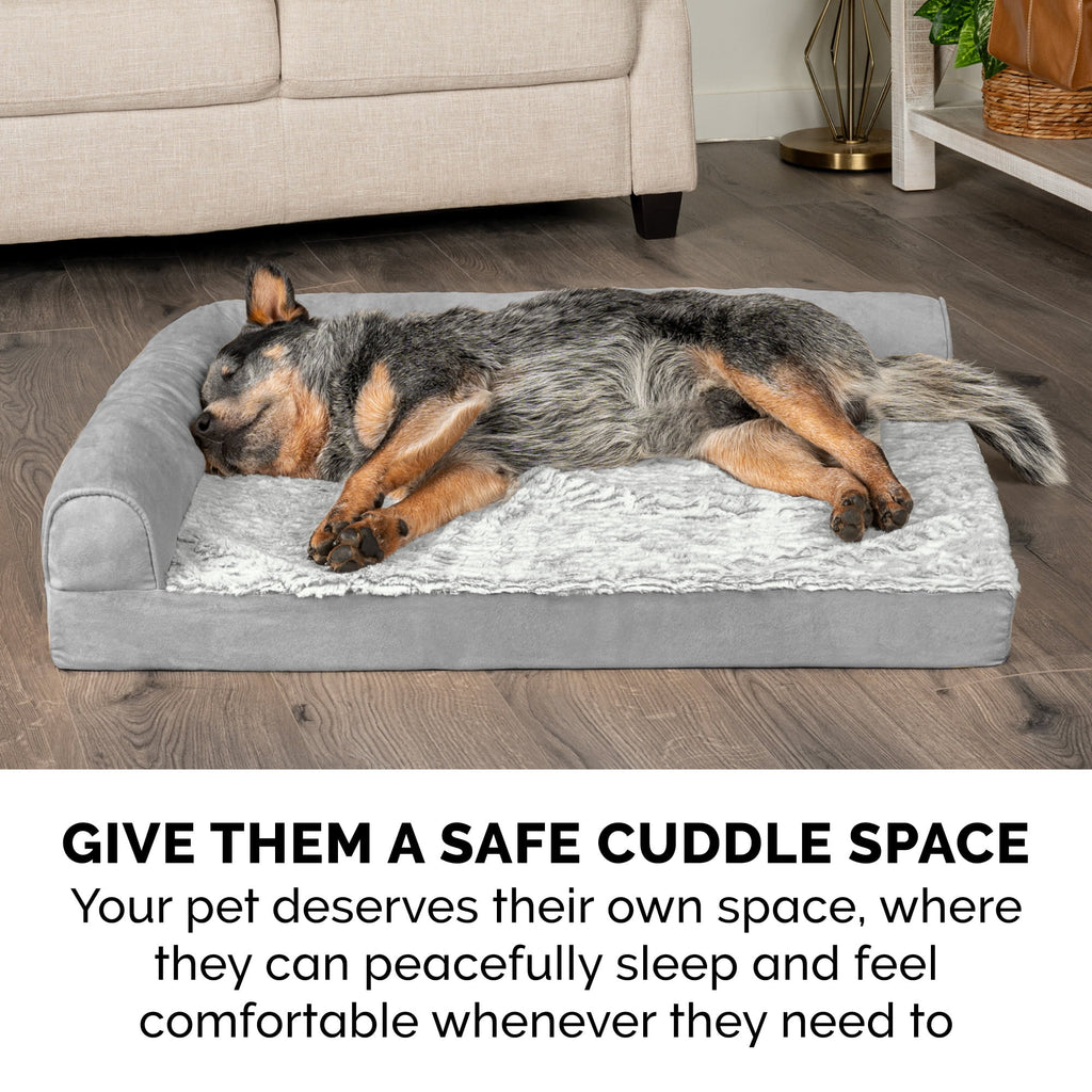 FurHaven Embossed Faux Fur & Suede Orthopedic Deluxe L-Chaise Pet Bed for Dogs & Cats - Gray, Jumbo Plus