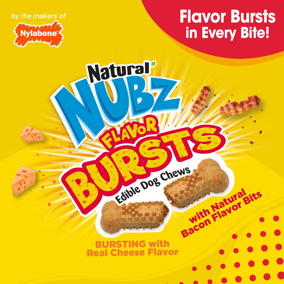 Nylabone Nubz Flavor Bursts Natural Dog Treats for Small Dogs, Bacon & Cheese Flavor Dog Bones, Small - Up to 30 lbs., 36 Count