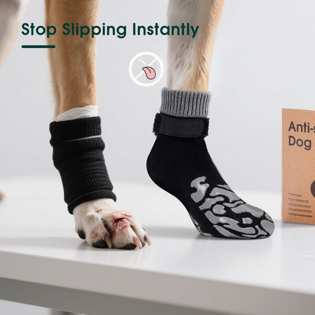 Kuoser Non-Slip Dog Socks for Hardwood Floors & Hot Pavement, Adjustable Pet Socks to Stop Licking and Slipping, Black, M