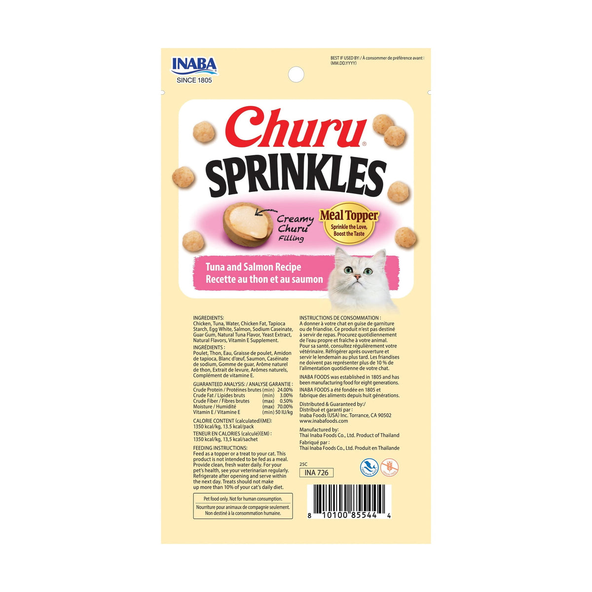 INABA Churu Sprinkles Cat Meal Topper, Soft & Chewy Baked Chicken with Taurine, Tuna & Salmon Recipe, 0.35 oz Packs, 3‑Count