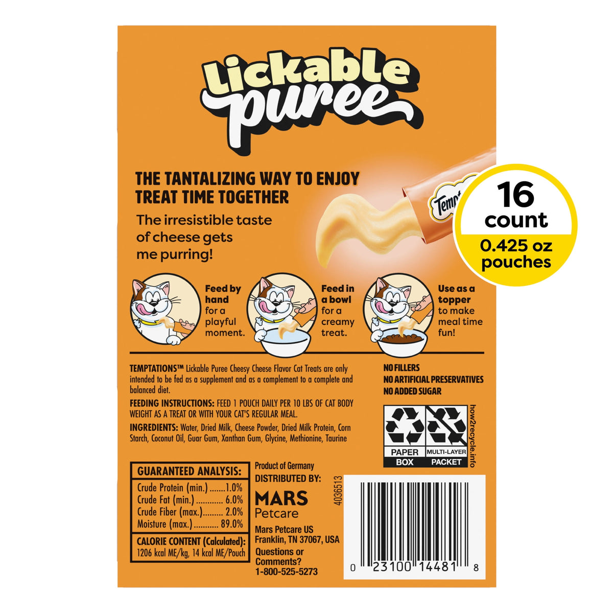 Temptations Creamy Puree With Cheese Lickable, Squeezable Cat Treats, 16-Pack Of 12G Pouches