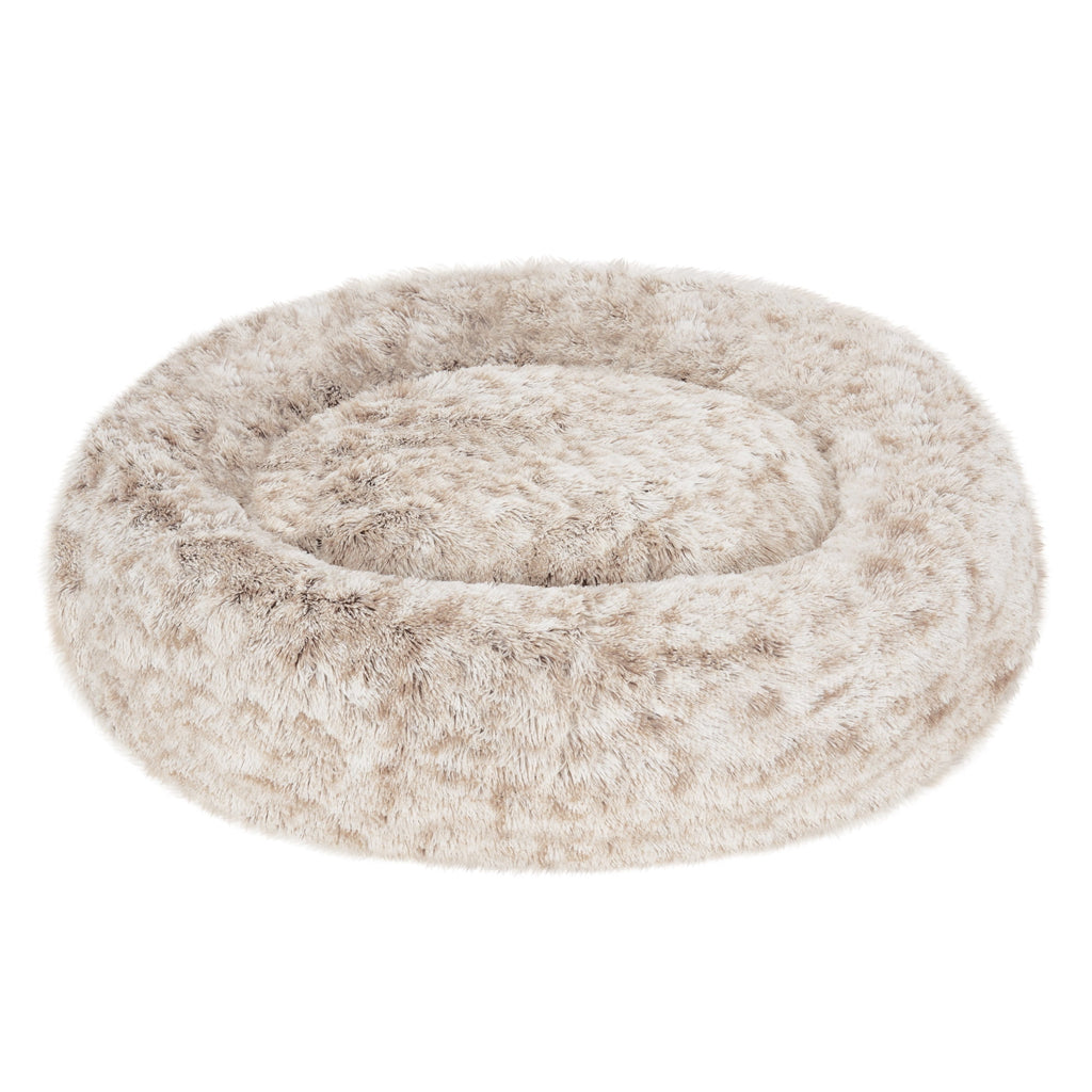Furhaven 23" Round Calming Donut Dog Bed with Washable & Removable Cover & Bolster - Shaggy Plush Long Faux Fur Ball Bed - Taupe, For Dogs Up to 20 lbs, Small