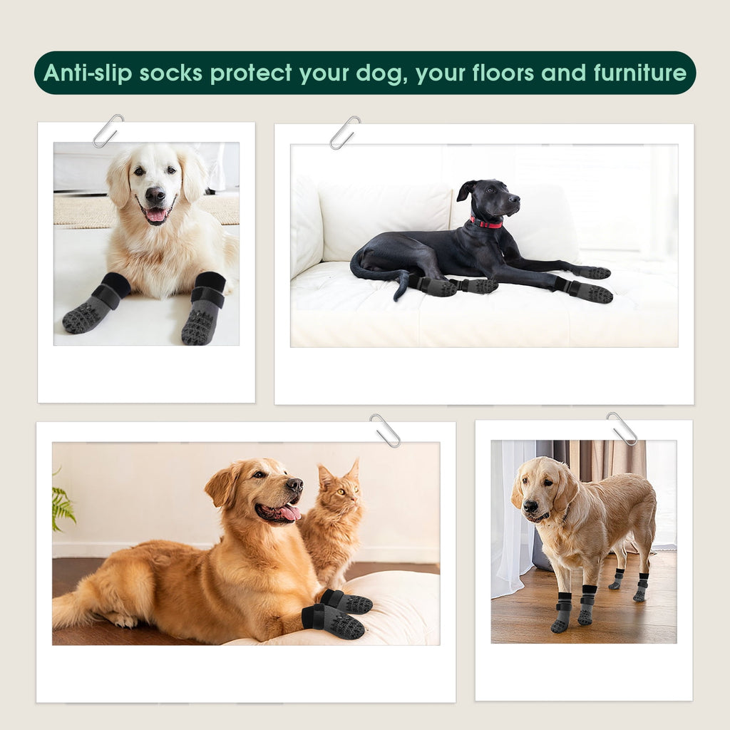 Kuoser Anti-Slip Dog Socks with Double-Sided Traction, 4 Piece Pet Booties for Senior, Dog Paw Protector for Hardwood Floors, Hot Pavement and hot/icy surfaces, Brown, L