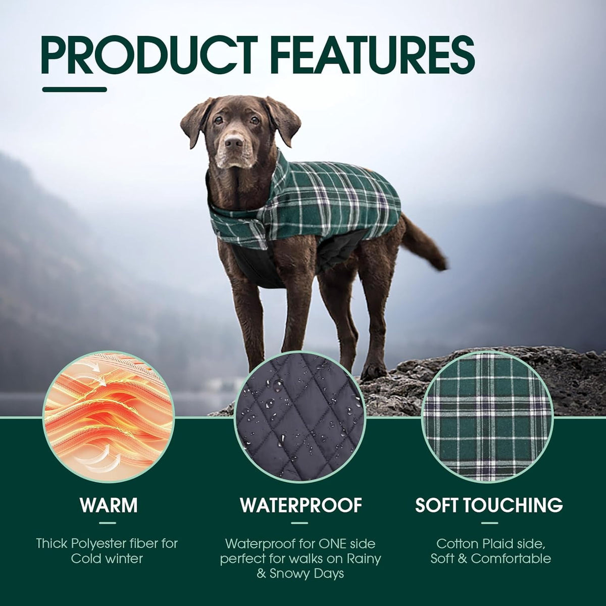 Kuoser Reversible Dog Coat Adjustable British Style Plaid Pet Jacket, Waterproof and Windproof, Blue, M