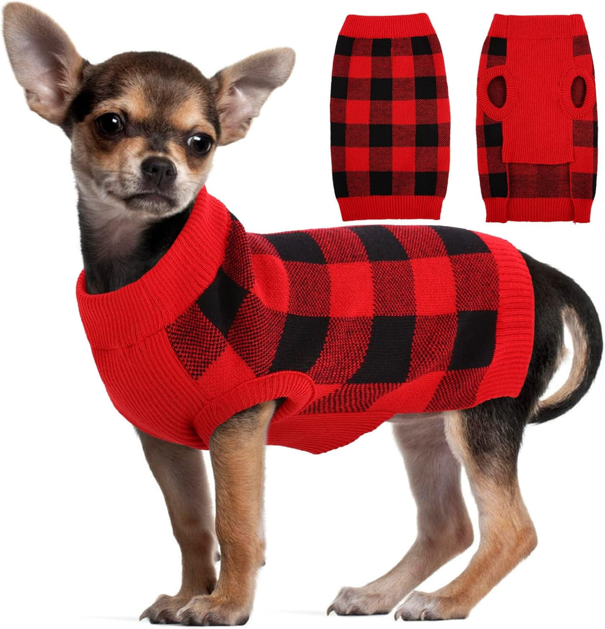 Kuoser Classic Plaid Dog Sweater Warm Pullover Knitwear for Small Medium Dogs, Red, S