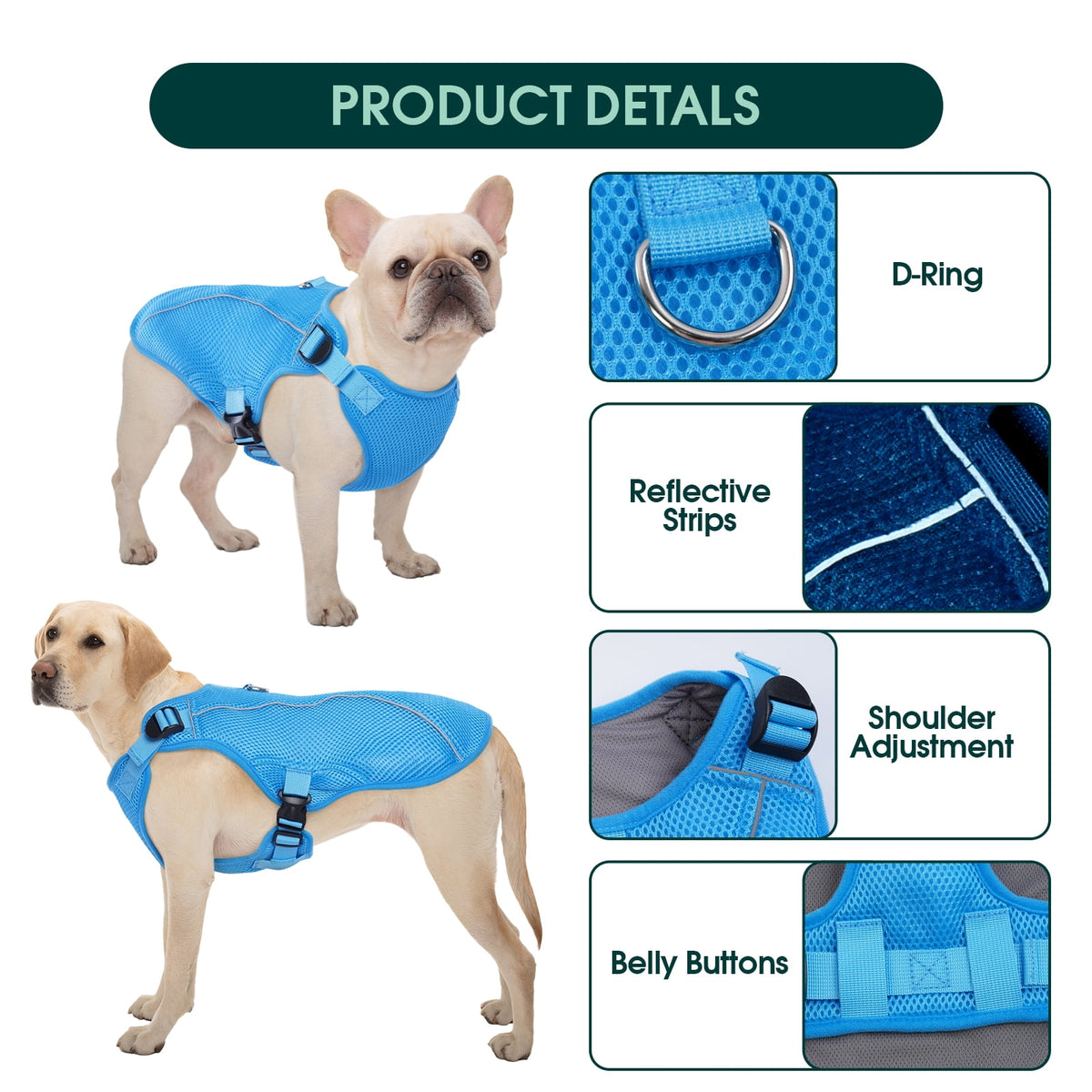 Kuoser Dog Cooling Vest, Breathable Mesh Ice Vest for Dogs, Cooling Jacket for Pet, Blue, extra large