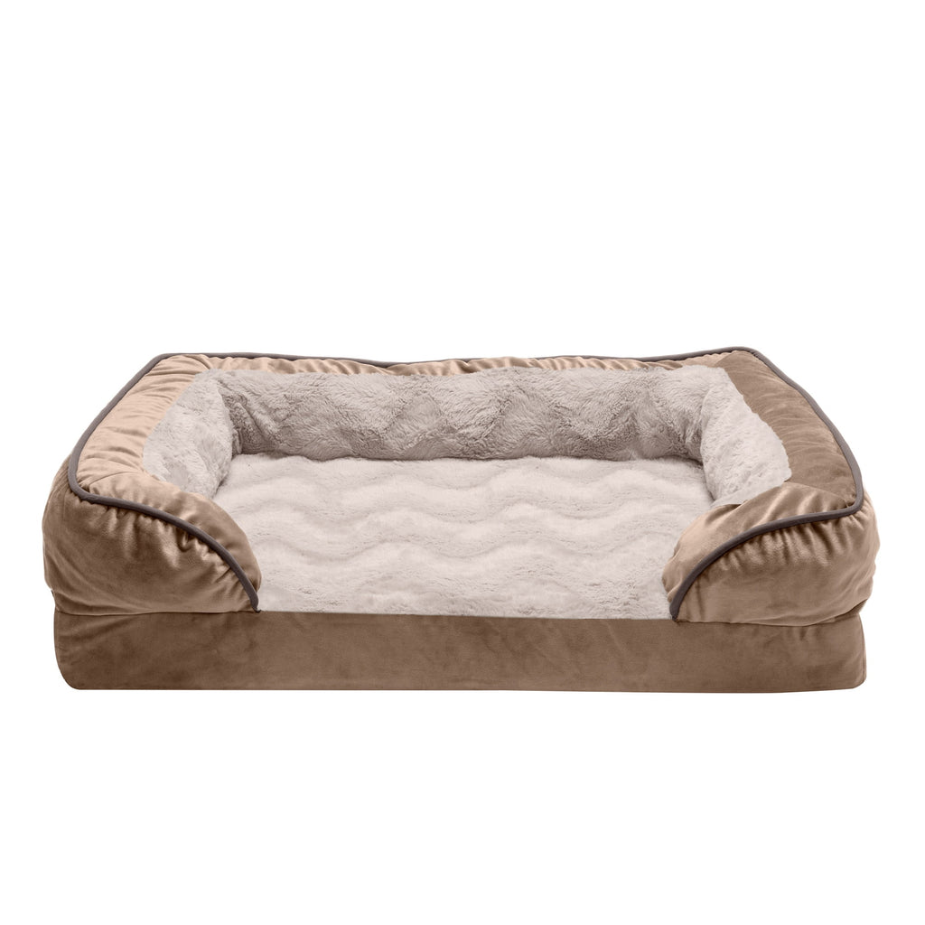 FurHaven Pet Products Velvet Waves Perfect Comfort Cooling Gel Top Sofa-Style Pet Bed for Dogs & Cats - Brownstone, Medium