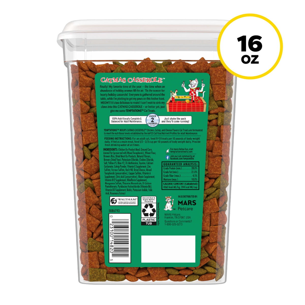 Temptations Mixups Catmas Casserole Catnip Fever Flavor Crunchy and Soft Treats for Cats, 16 oz Tub