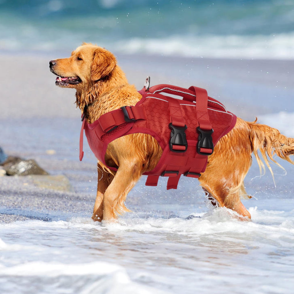 Kuoser Dog Life Jacket, Reflective and Adjustable Dog Life Vest for Small Medium Large Dogs Red, S