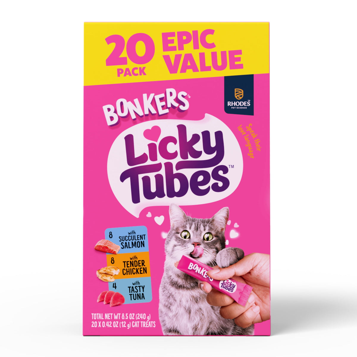 BONKERS Licky Tubes Chicken, Salmon, and Tuna Flavored Wet Cat Treats, 20 Pieces