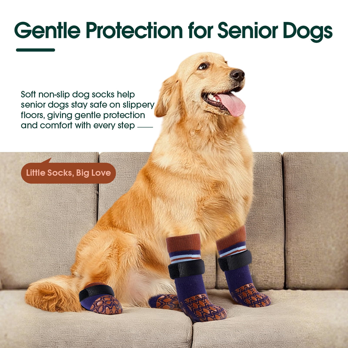 Kuoser Anti-Slip Dog Socks with Double-Sided Traction, 4 Piece Pet Booties for Senior, Dog Paw Protector for Hardwood Floors, Hot Pavement and hot/icy surfaces, Brown, L