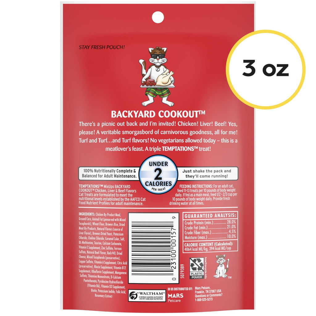Temptations Mixups Crunchy and Soft Cat Treats Backyard Cookout Flavor, 3 oz Pouch