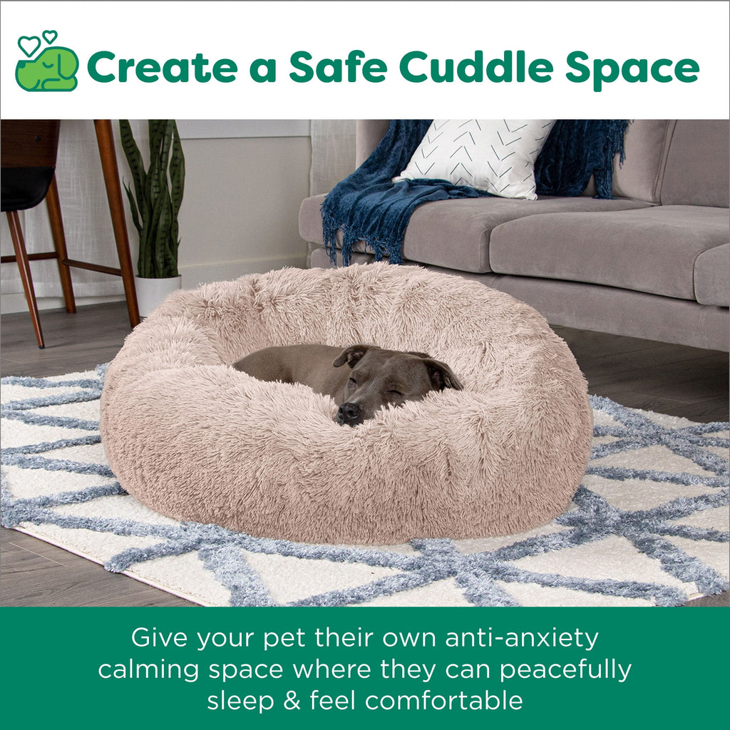 Furhaven 23" Round Calming Donut Dog Bed with Washable & Removable Cover & Bolster - Shaggy Plush Long Faux Fur Ball Bed - Taupe, For Dogs Up to 20 lbs, Small