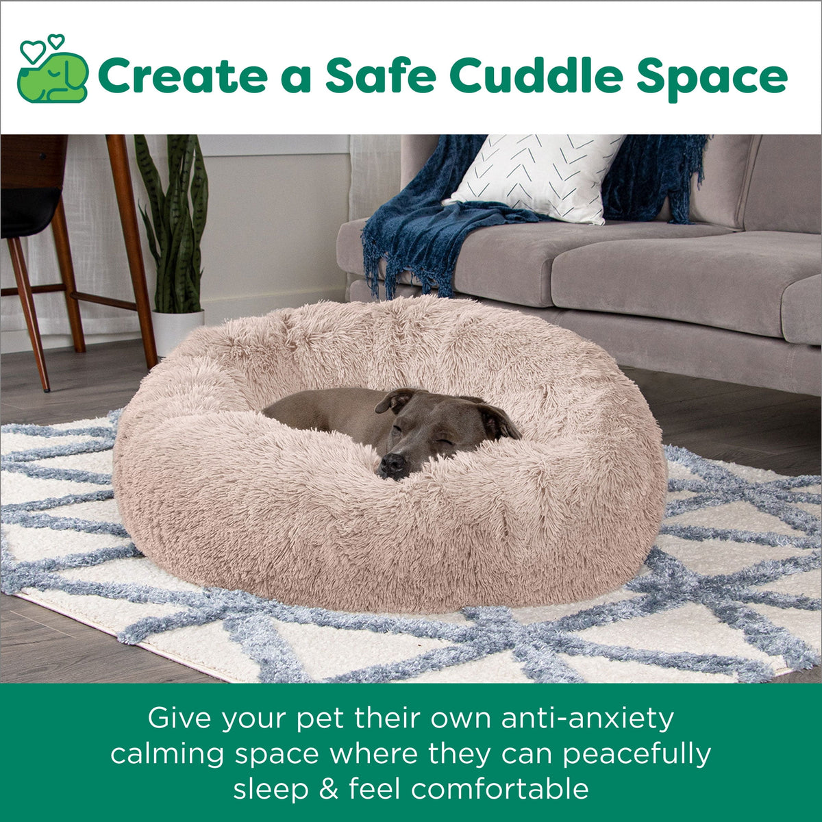 Furhaven 23" Round Calming Donut Dog Bed with Washable & Removable Cover & Bolster - Shaggy Plush Long Faux Fur Ball Bed - Taupe, For Dogs Up to 20 lbs, Small
