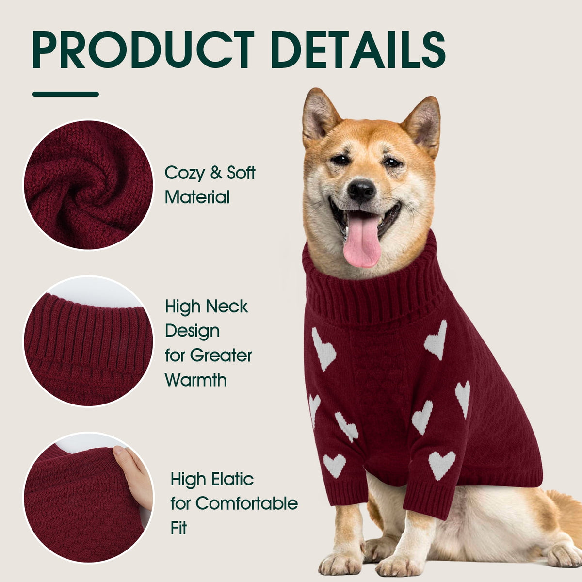 Kuoser Dog Sweater, Turtleneck Pet Sweatshirt, Thick Doggy Winter Clothes for Fall Xmas, Red, M