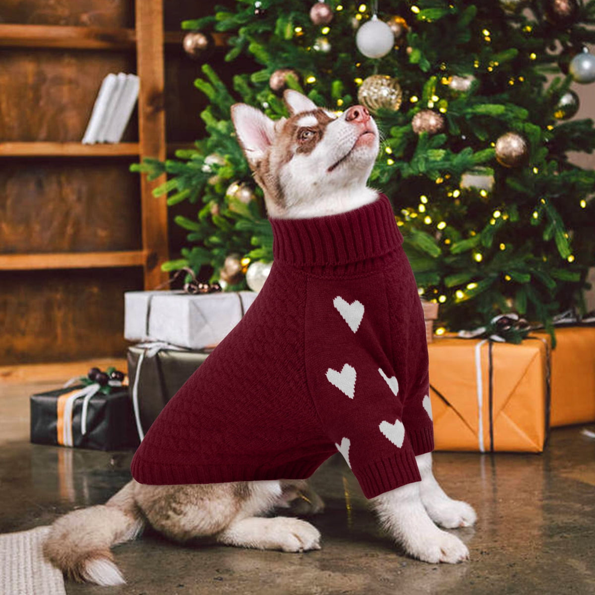 Kuoser Dog Sweater, Turtleneck Pet Sweatshirt, Thick Doggy Winter Clothes for Fall Xmas, Red, M