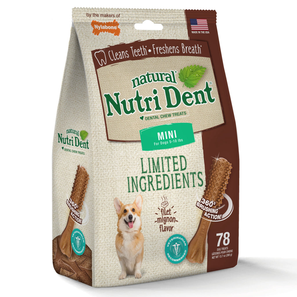 Nylabone Nutri Dent Natural Dental Chews for Dogs, Limited Ingredient Dog Treats, Teeth Cleaning Dental Sticks for Dogs, Filet Mignon Flavor, For X-Small Dogs (78 Count)